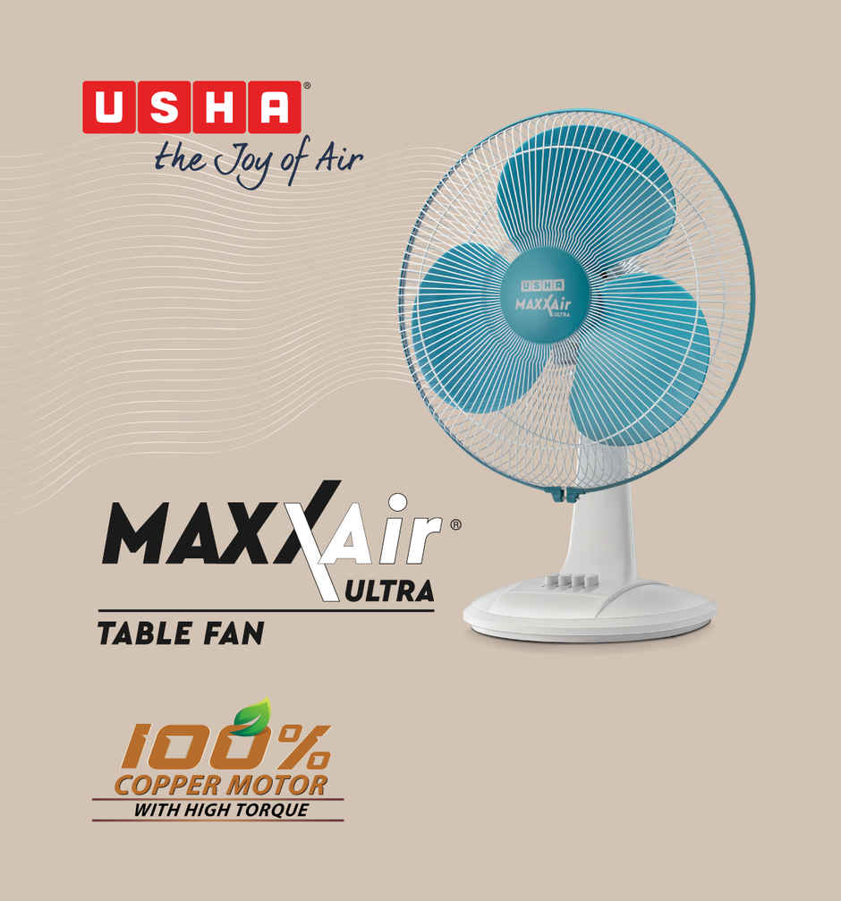 Usha Maxx Air Ultra Table Fan, 400mm, 1350 RPM, 3 Speed Settings, Light Blue