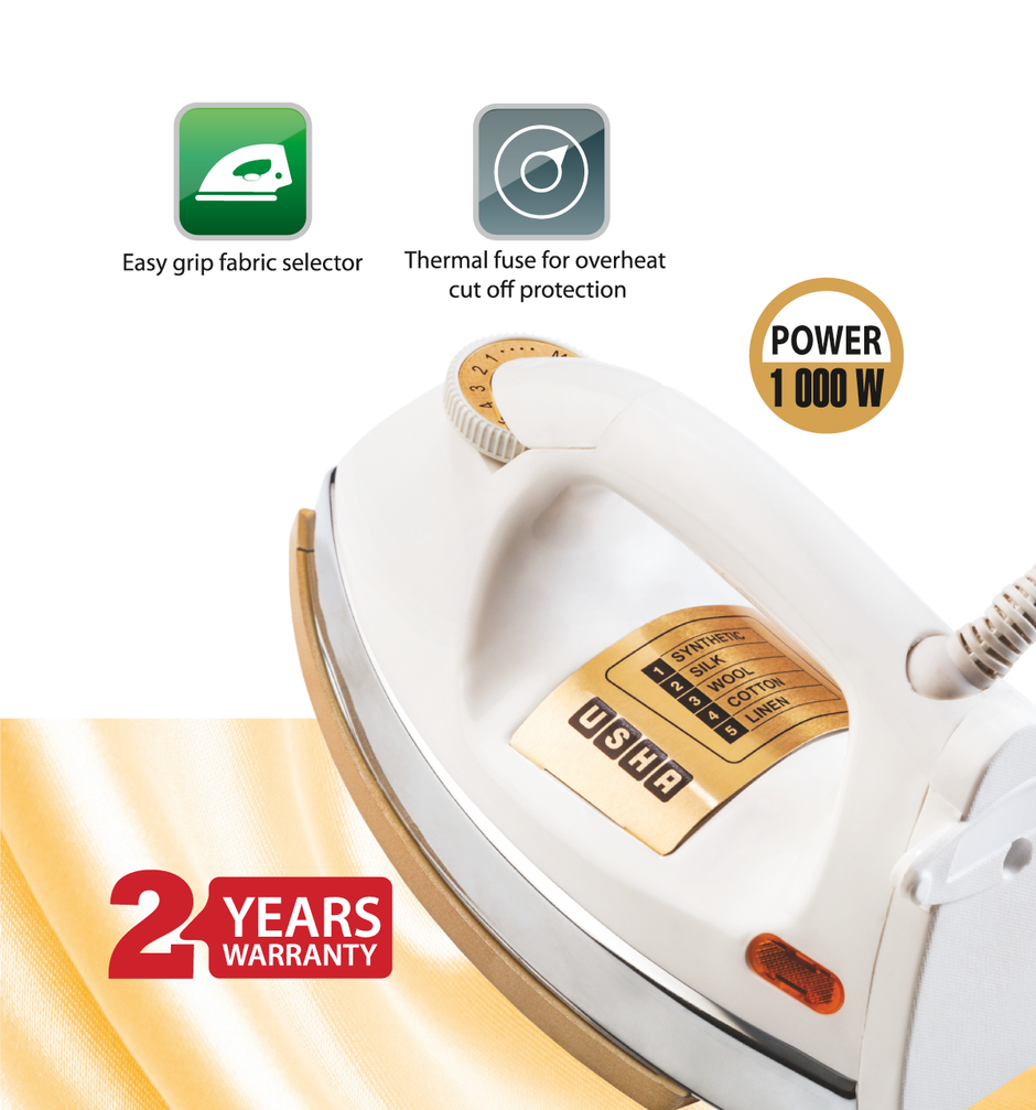 Usha Dry Iron 3710, 1000W, 1.75Kg Heavy Weight Golden Weilburger Soleplate, 360 Swivel Cord, White
