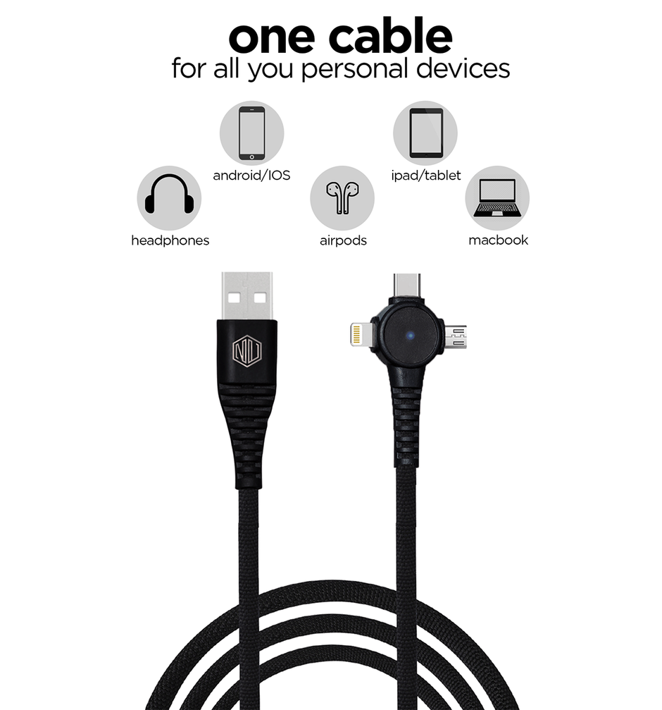 Nu Republic Blaze Trinity 2.0 3-in-one USB Type C Cable 1 m USB-A to Type-C + MicroUSB + Type-L Fast Charge Cable (Compatible with Mobile, Tablet, Laptop) - Black