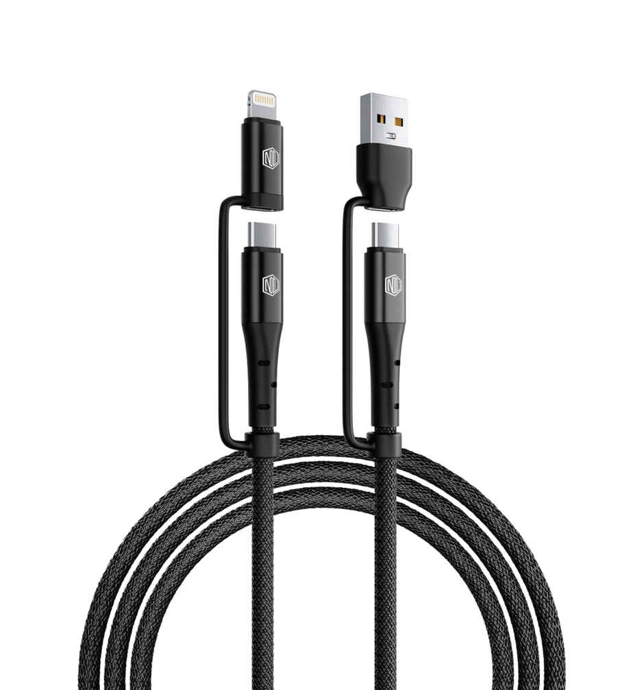 Nu Republic Blaze Quad 100W 4-in-one 1.2 m USB-A to Type-C to Type-C + Type-L Fast Charge Braided Cable (Compatible with Mobile, Tablet, Laptop, Speakers, Black, One Cable) - Black