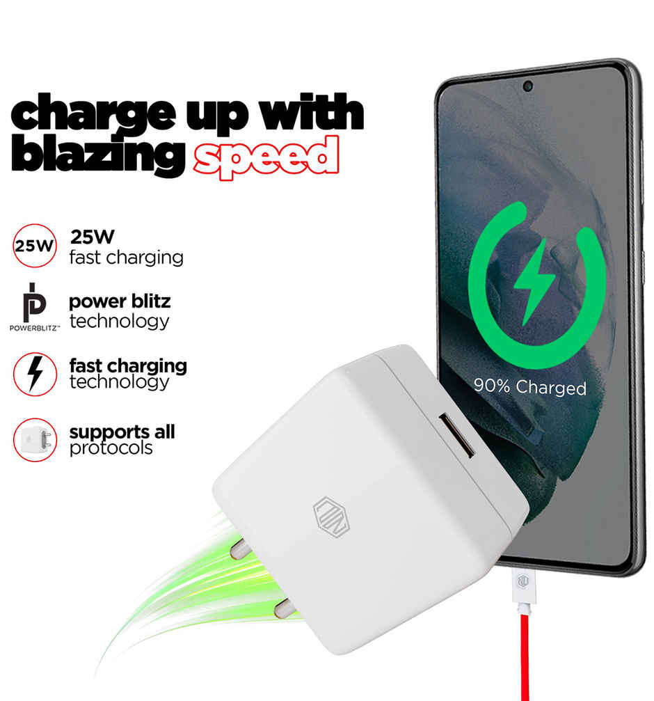 Nu Republic All In One 25W 5A Fast Charging Adapter with Cable (USB To Type-C) - White & Red