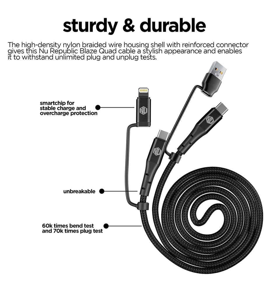Nu Republic Blaze Quad 100W 4-in-one 1.2 m USB-A to Type-C to Type-C + Type-L Fast Charge Braided Cable (Compatible with Mobile, Tablet, Laptop, Speakers, Black, One Cable) - Black