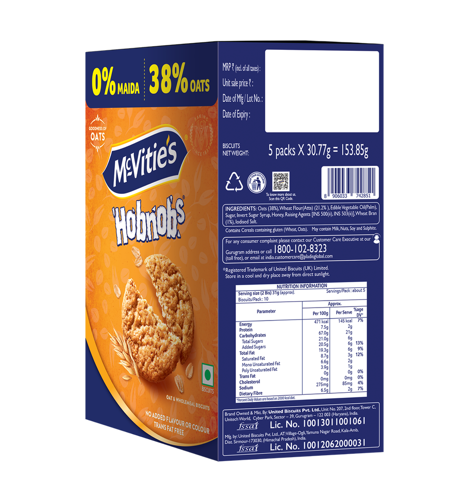 McVitie's Hobnobs Oats Cookies | 0% Maida & 38% Oats