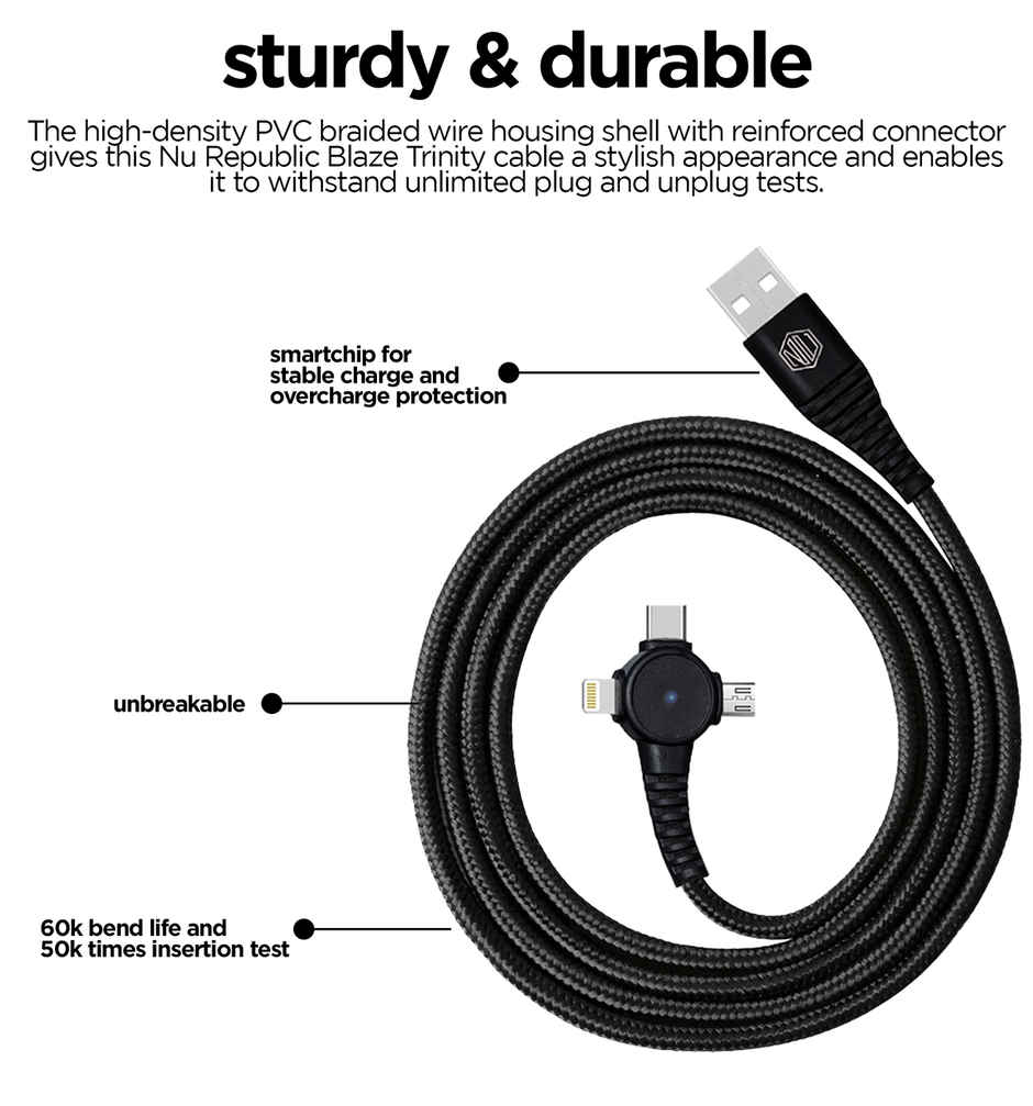 Nu Republic Blaze Trinity 2.0 3-in-one USB Type C Cable 1 m USB-A to Type-C + MicroUSB + Type-L Fast Charge Cable (Compatible with Mobile, Tablet, Laptop) - Black