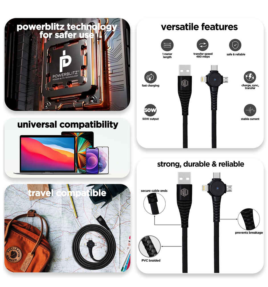 Nu Republic Blaze Trinity 2.0 3-in-one USB Type C Cable 1 m USB-A to Type-C + MicroUSB + Type-L Fast Charge Cable (Compatible with Mobile, Tablet, Laptop) - Black