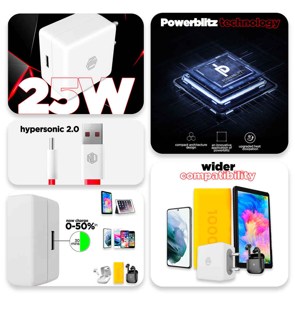 Nu Republic All In One 25W 5A Fast Charging Adapter with Cable (USB To Type-C) - White & Red