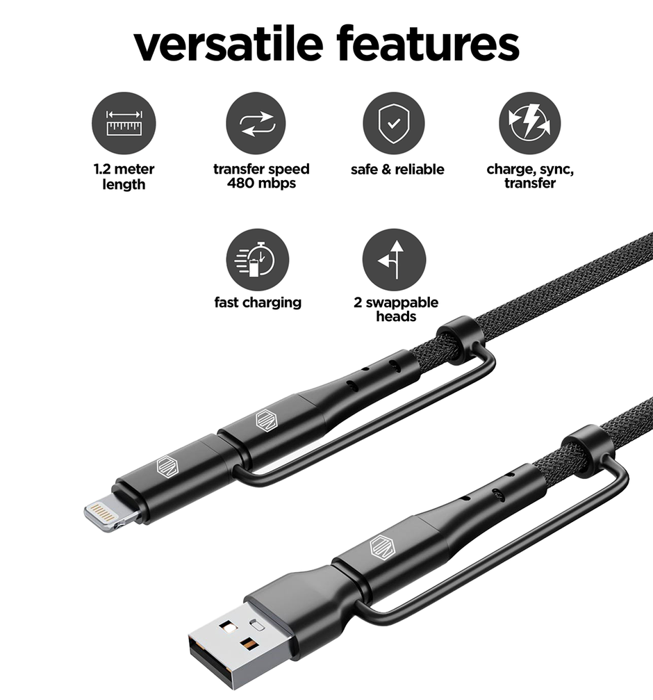 Nu Republic Blaze Quad 100W 4-in-one 1.2 m USB-A to Type-C to Type-C + Type-L Fast Charge Braided Cable (Compatible with Mobile, Tablet, Laptop, Speakers, Black, One Cable) - Black