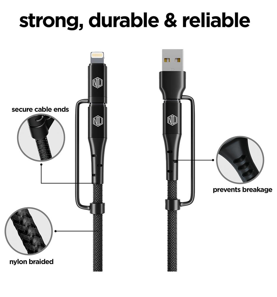 Nu Republic Blaze Quad 100W 4-in-one 1.2 m USB-A to Type-C to Type-C + Type-L Fast Charge Braided Cable (Compatible with Mobile, Tablet, Laptop, Speakers, Black, One Cable) - Black