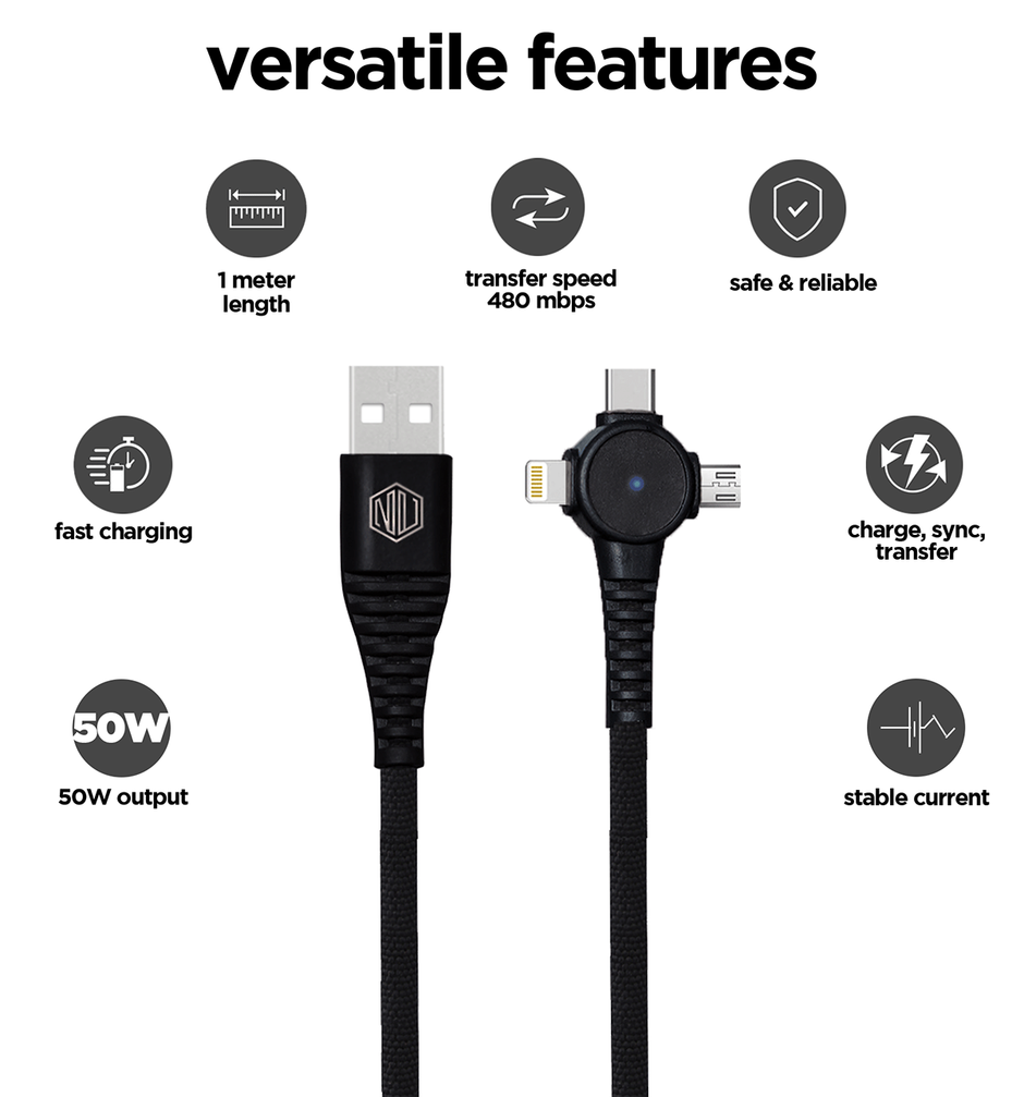Nu Republic Blaze Trinity 2.0 3-in-one USB Type C Cable 1 m USB-A to Type-C + MicroUSB + Type-L Fast Charge Cable (Compatible with Mobile, Tablet, Laptop) - Black