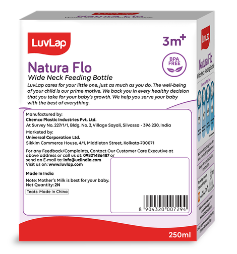 LuvLap Wide Neck Bottle with Anti-Colic Flexible Nipple, Fast Flow, Upto 3 Years, BPA Free