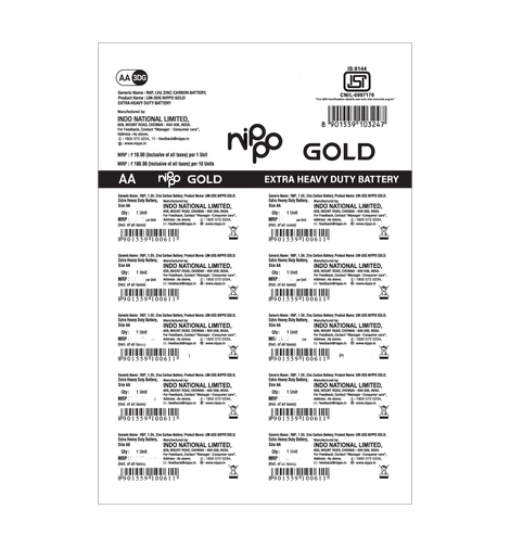 Nippo 3DG Gold AA Battery | 1.5 V | Leakproof |For Toys, Remotes, Clocks, Wireless Mouse - Pack of 10