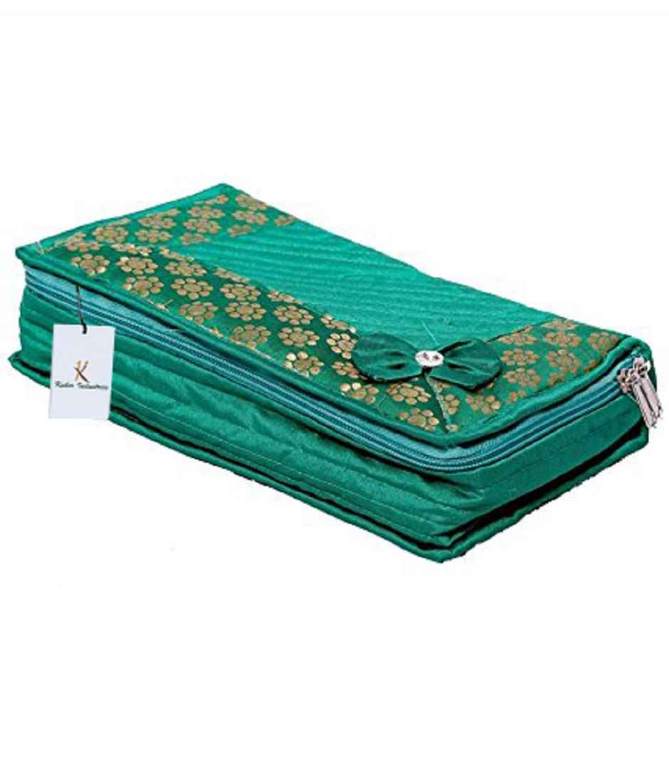 Kuber Industries Cotton Quilted Jewellery Box, 25x15x7 cm, 2 Large & 4 Small Pockets, Green