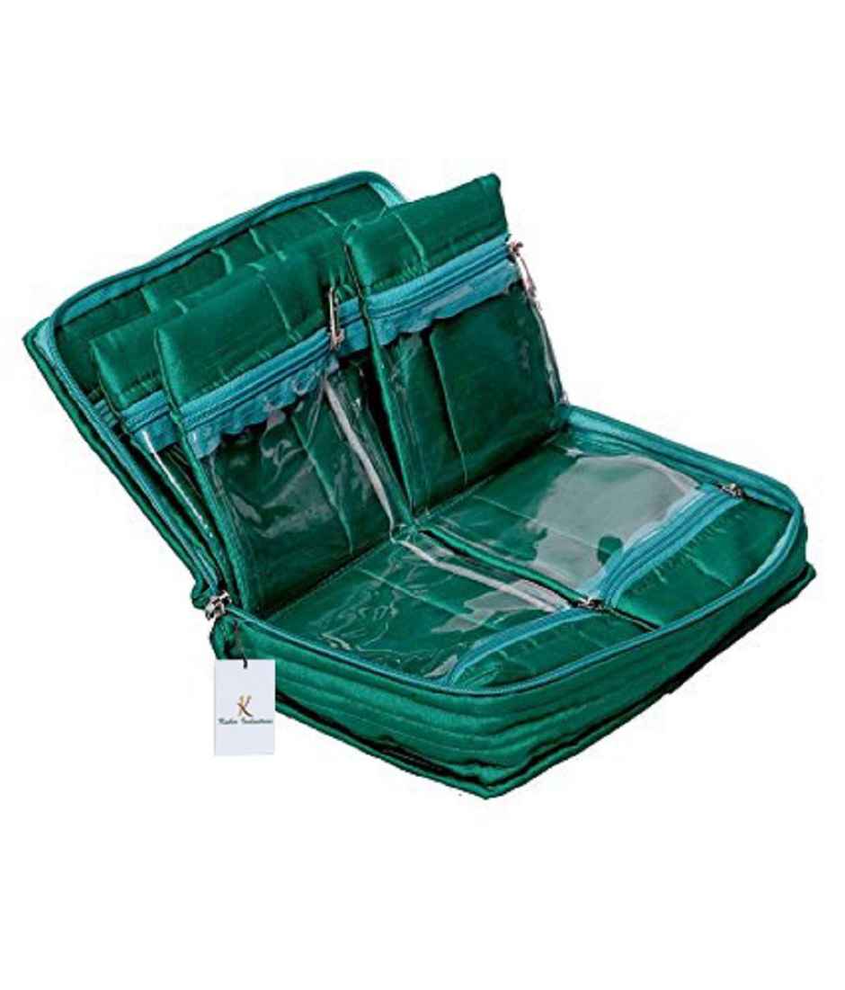 Kuber Industries Cotton Quilted Jewellery Box, 25x15x7 cm, 2 Large & 4 Small Pockets, Green