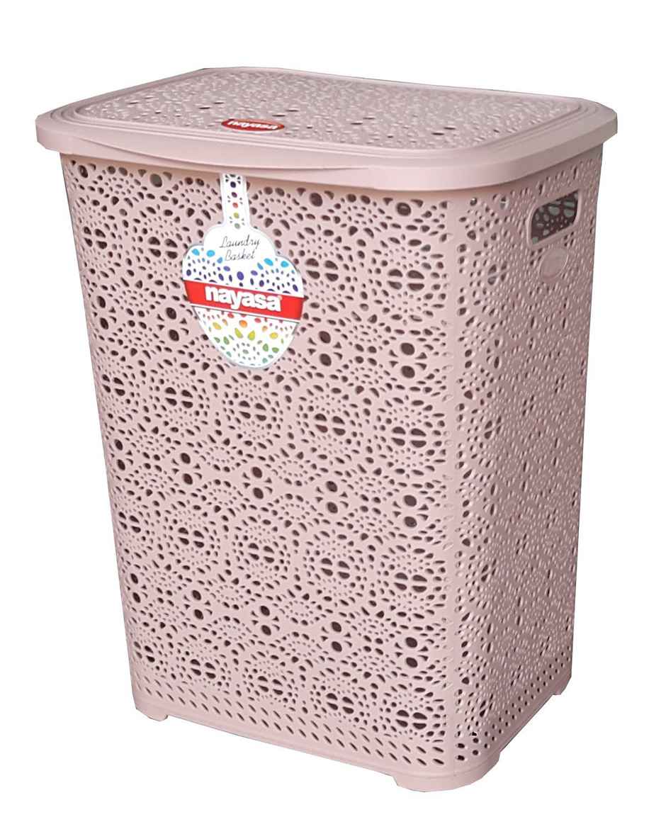 Nayasa Flower Plastic Laundry Basket with Lid for Storage Big | Beige