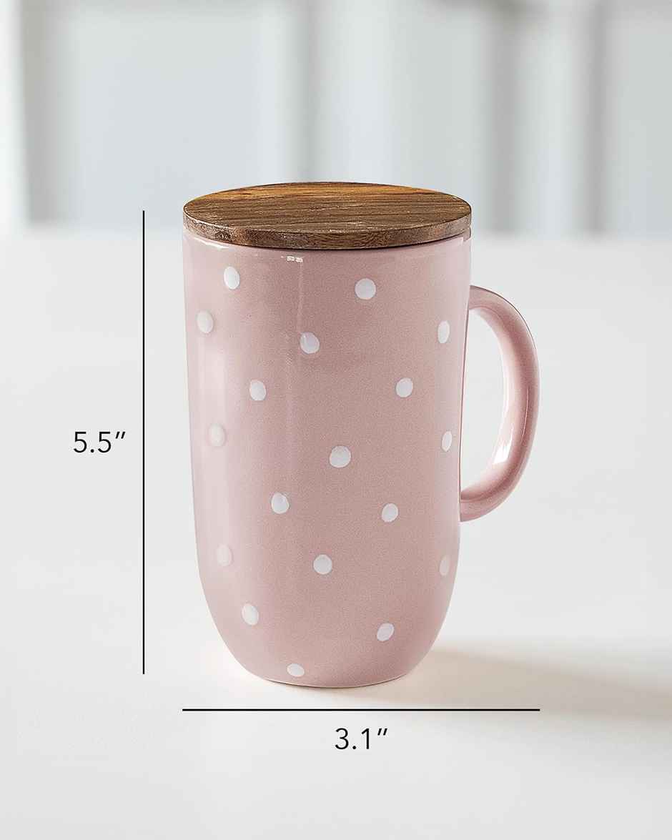 Ellementry Ceramic Mug Tall Polka Dots W/Wdn Lid Blush
