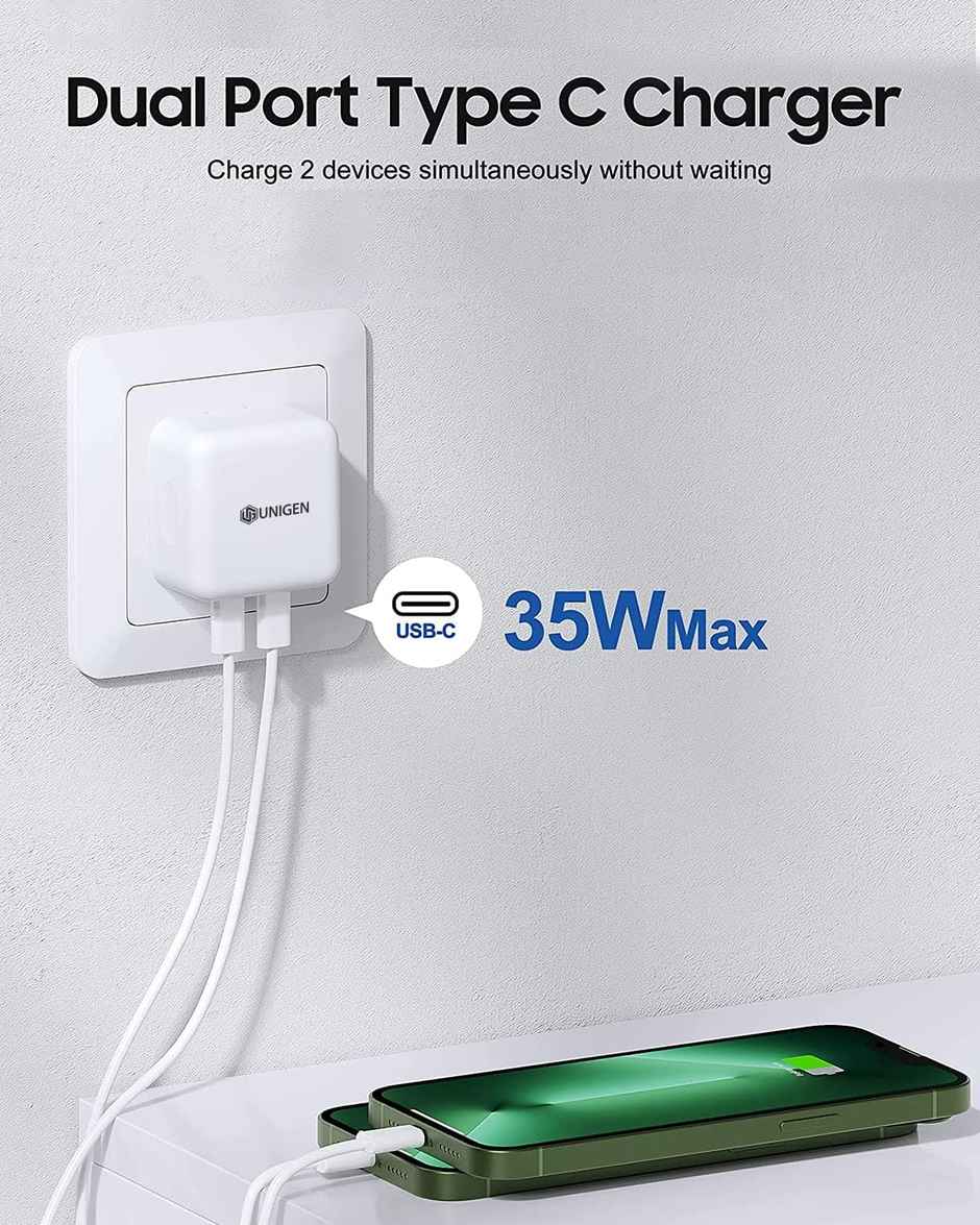Unigen 35W Dual Usb-C Port Compact Power Adapter Pd 3.0 Usb Type C Plug Fast Wall Charger Block
