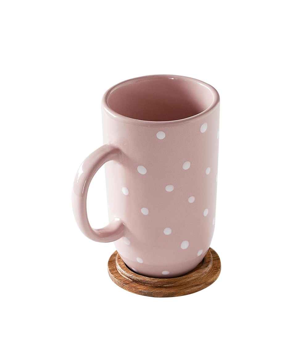 Ellementry Ceramic Mug Tall Polka Dots W/Wdn Lid Blush