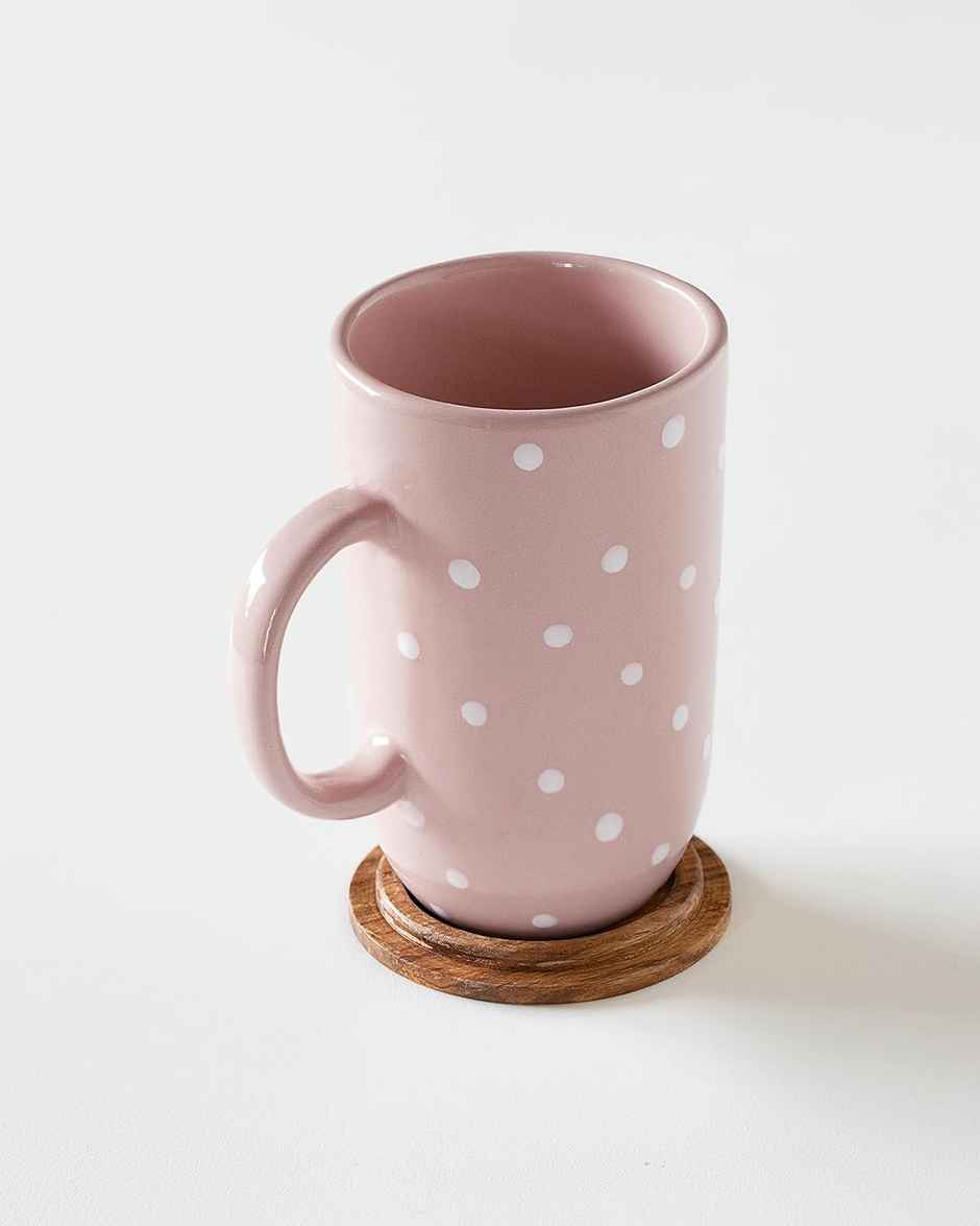 Ellementry Ceramic Mug Tall Polka Dots W/Wdn Lid Blush