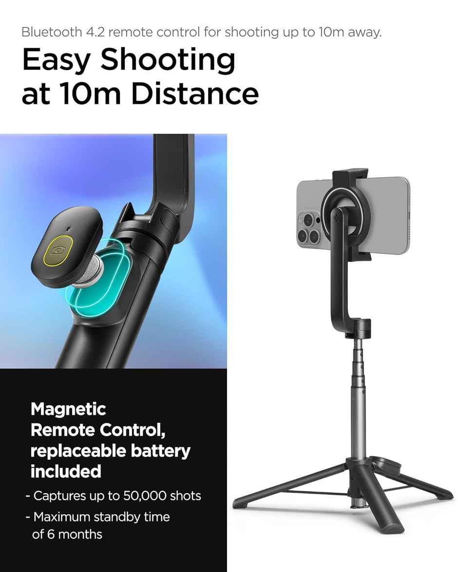 Spigen S572 Selfie Stick Tripod, Light Weight | Wireless Bluetooth Remote - Black