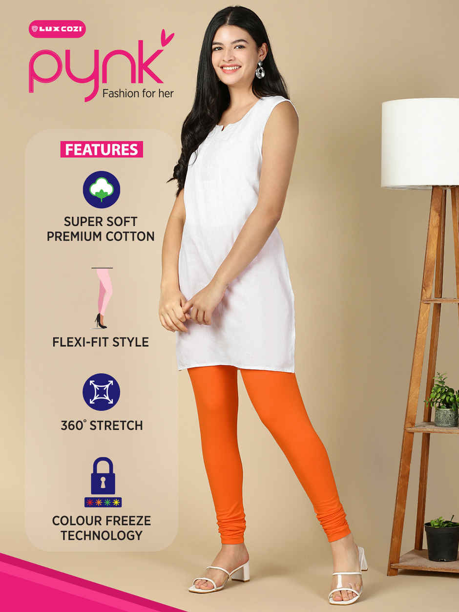 PYNK By Lux Cozi Women Ultra Soft 360 Stretch Premium Cotton Churidar Leggings | Orange|Free Size