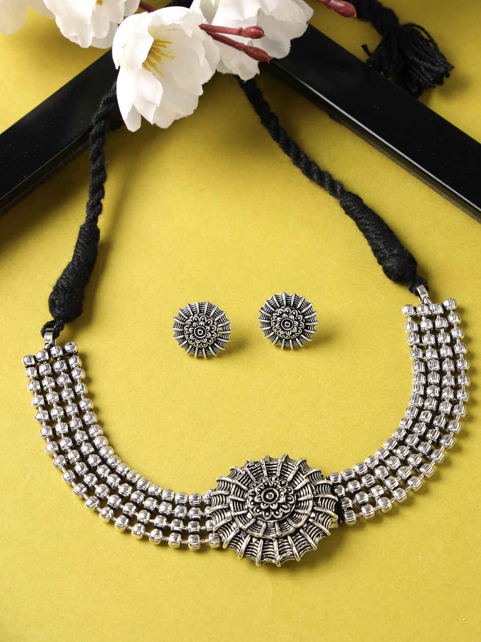 Sukkhi Stylish Oxidised Silver Choker Necklace Set With Studs Earring | Jewellery Set | NS105511