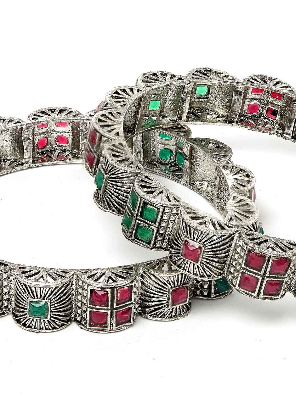 Sukkhi Silver Oxidised Rhodium Plated Red & Green Broad Bracelet Bangle Set Jewellery - 2.6