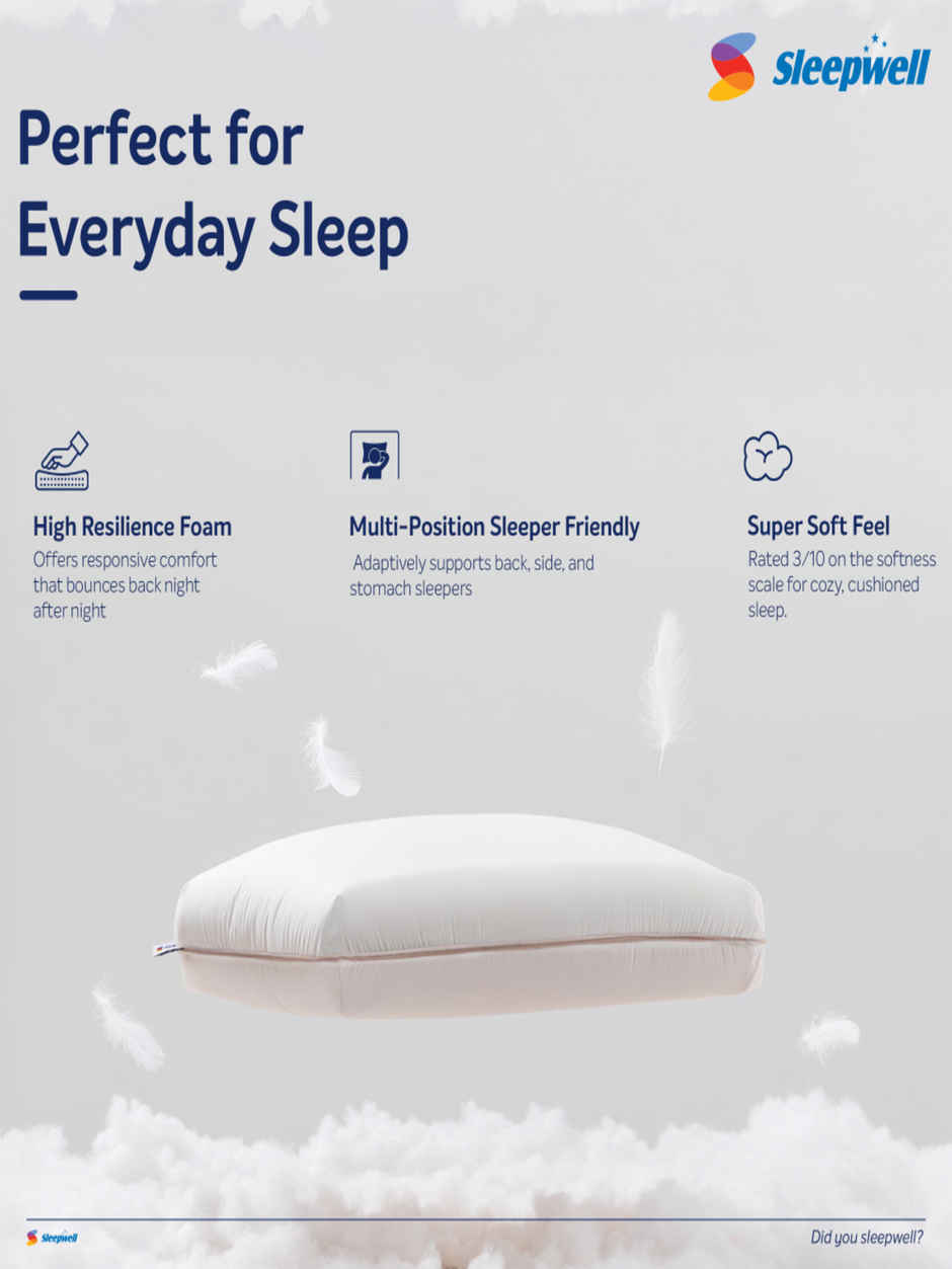 Sleepwell Zenn Classic Thin Foam Pillow | Soft Polyurethane HR Foam | 24 x 16 x 4 inches | White
