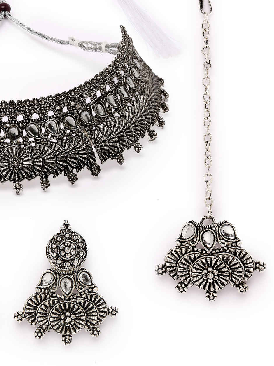 Sukkhi Oxidised Silver Plated Choker Necklace Set With Earring Mangtikka Set|NS105642 | NS105642