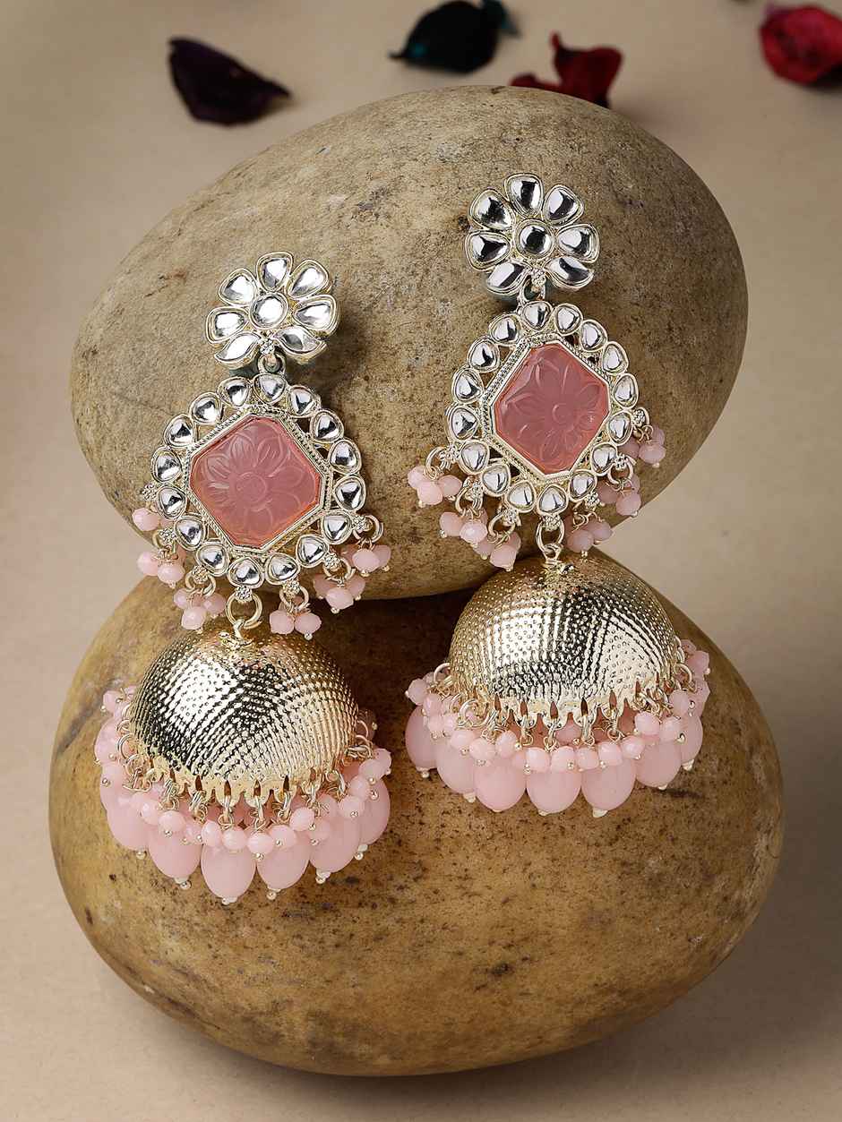 Sukkhi Decent Gold Plated Pink Kundan Studded Jhumka Earrings for Women