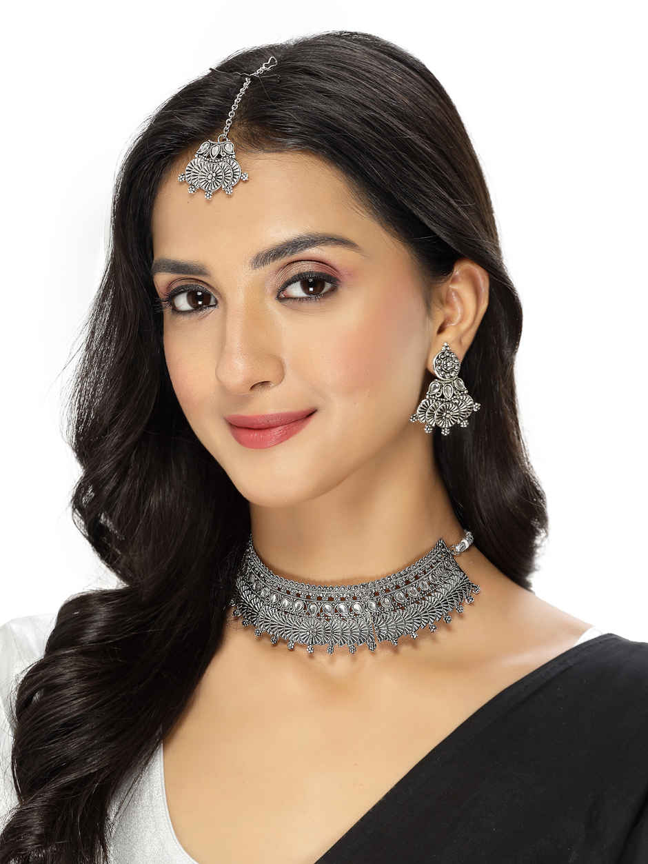 Sukkhi Oxidised Silver Plated Choker Necklace Set With Earring Mangtikka Set|NS105642 | NS105642