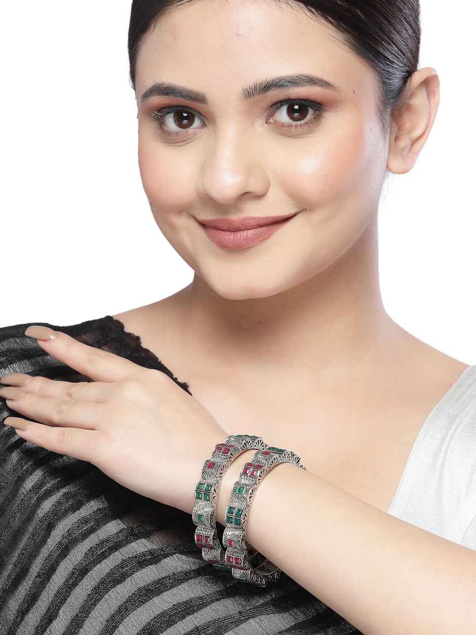 Sukkhi Silver Oxidised Rhodium Plated Red & Green Broad Bracelet Bangle Set Jewellery - 2.6
