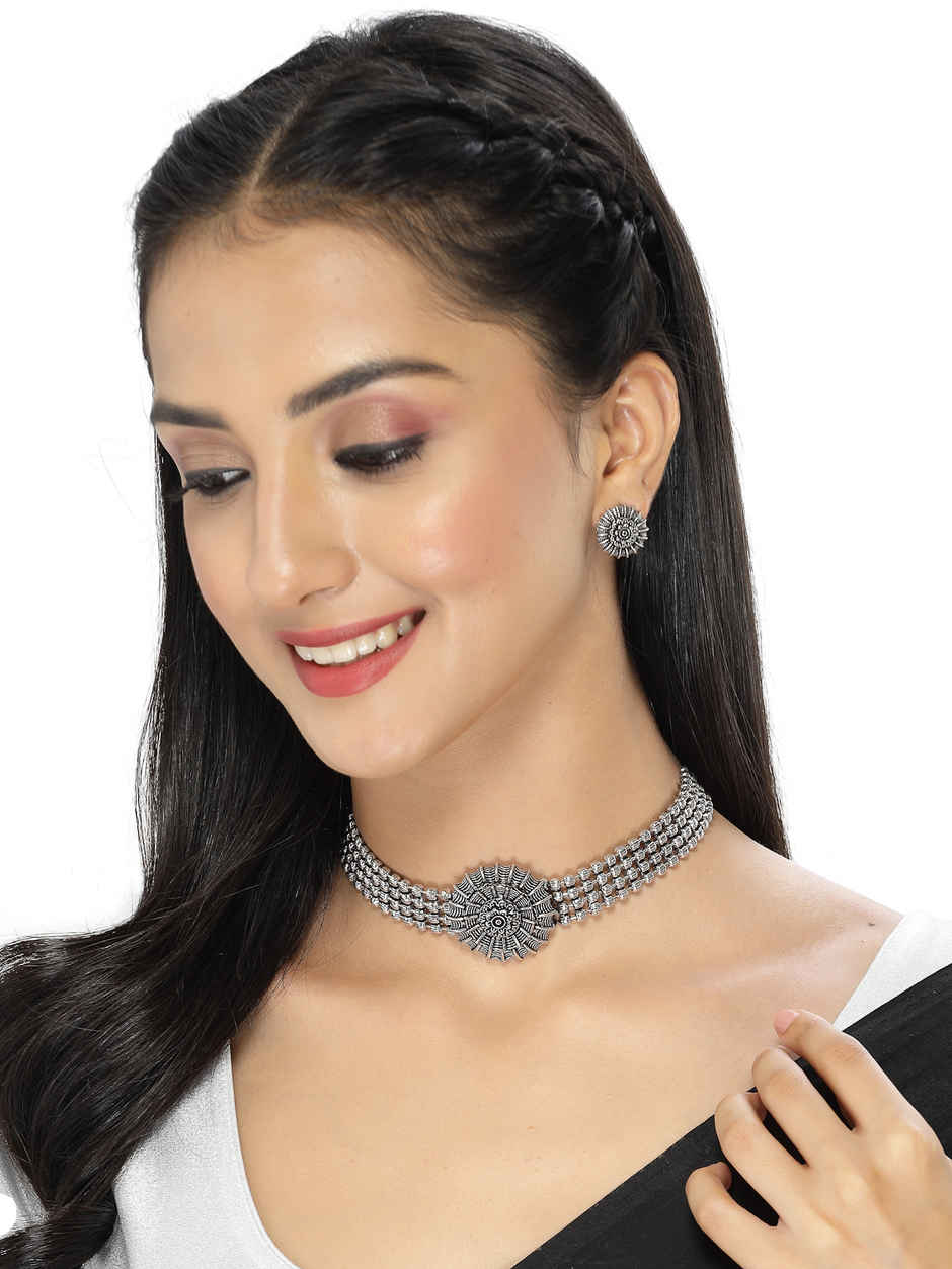 Sukkhi Stylish Oxidised Silver Choker Necklace Set With Studs Earring | Jewellery Set | NS105511