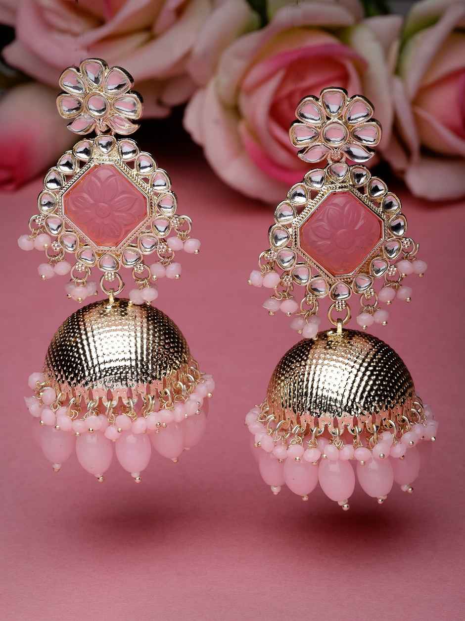 Sukkhi Decent Gold Plated Pink Kundan Studded Jhumka Earrings for Women