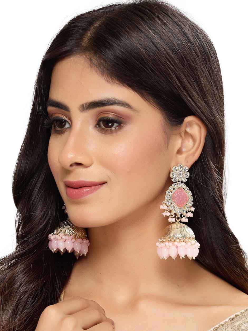 Sukkhi Decent Gold Plated Pink Kundan Studded Jhumka Earrings for Women