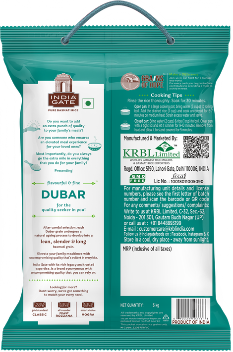 India Gate Flavourful and Fine Dubar Basmati Rice | Long and Slender Grains | Naturally Aged