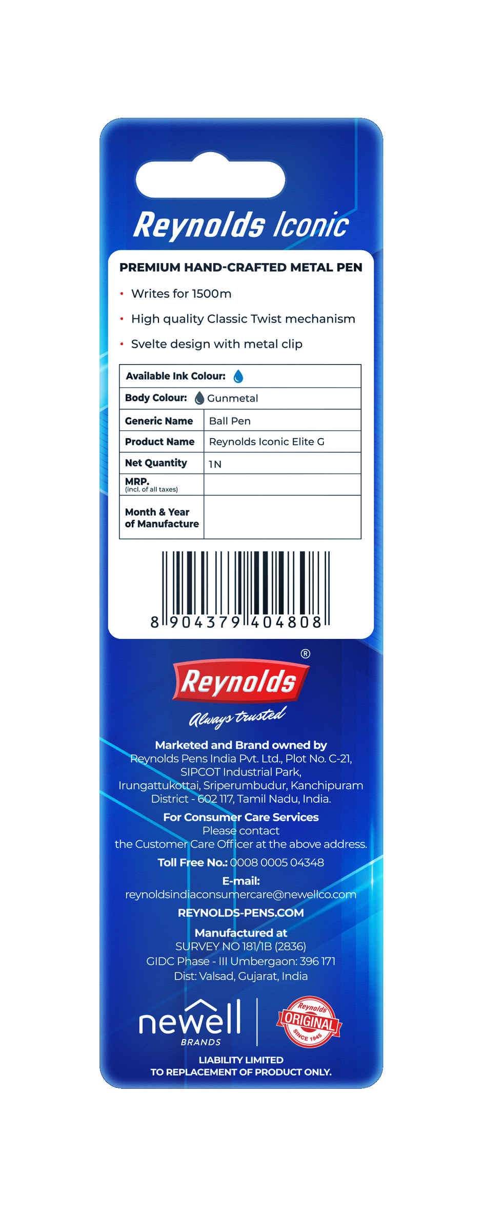 Reynolds Premium Metal Pen With Twist Mechanism, Iconic Elite Gun Metal (Blue Pen)