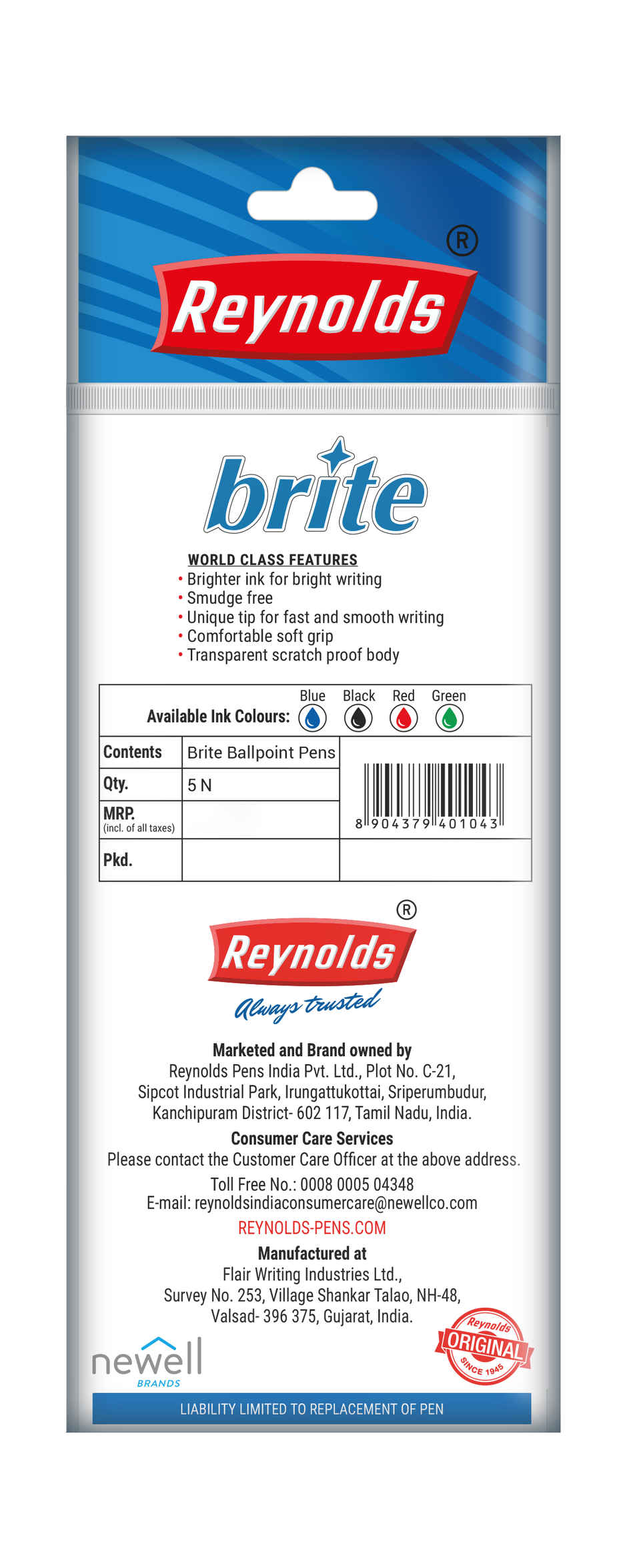 Reynolds Brite Ball Pen Set (5 Black Pens)