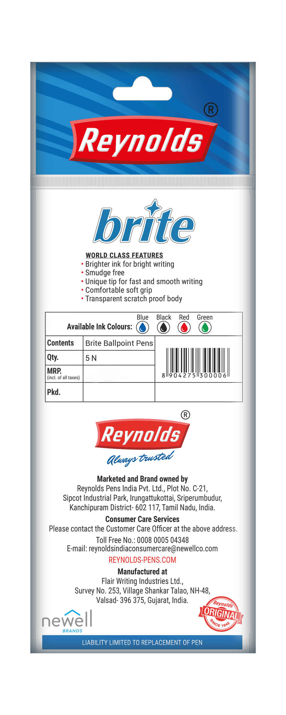 Reynolds Brite Ball Pen Set (5 Blue Pens)