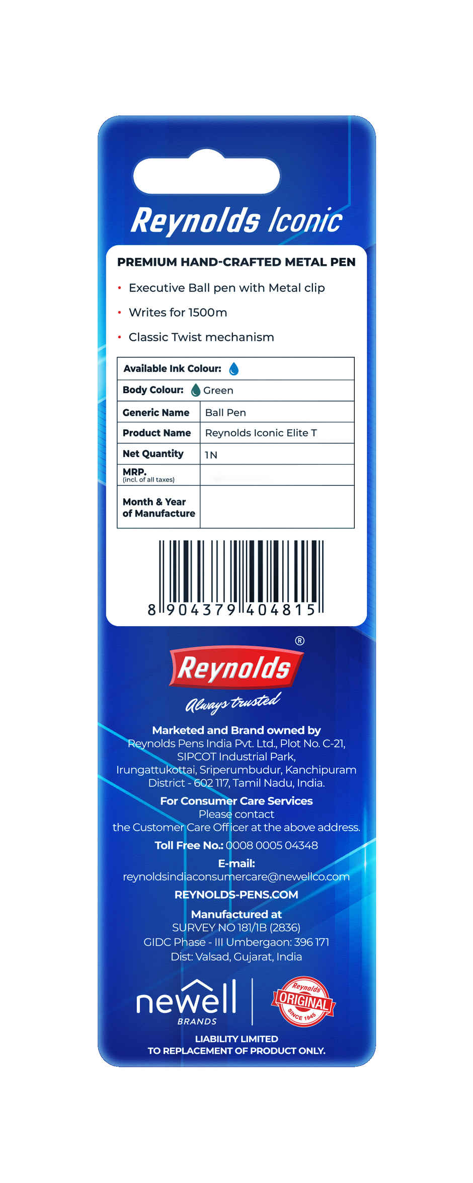 Reynolds Premium Metal Pen With Twist Mechanism, Iconic Elite Teal (Blue Pen)