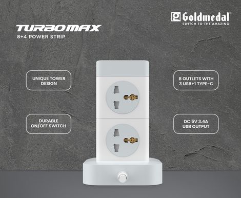 Gold Medal Turbomax 8+4 Extension Board | 8 Universal Sockets with Safety Shutter | 3 USB & 1 USB-C Port | Master Switch with Indicator | 2-Meter Extension Cord