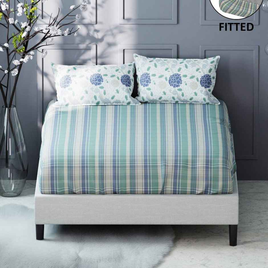 Kopa Bamboo Micro King Bedsheet With 2 Pillow Covers | Set of 3 | Fairmont Checks | Green, Blue