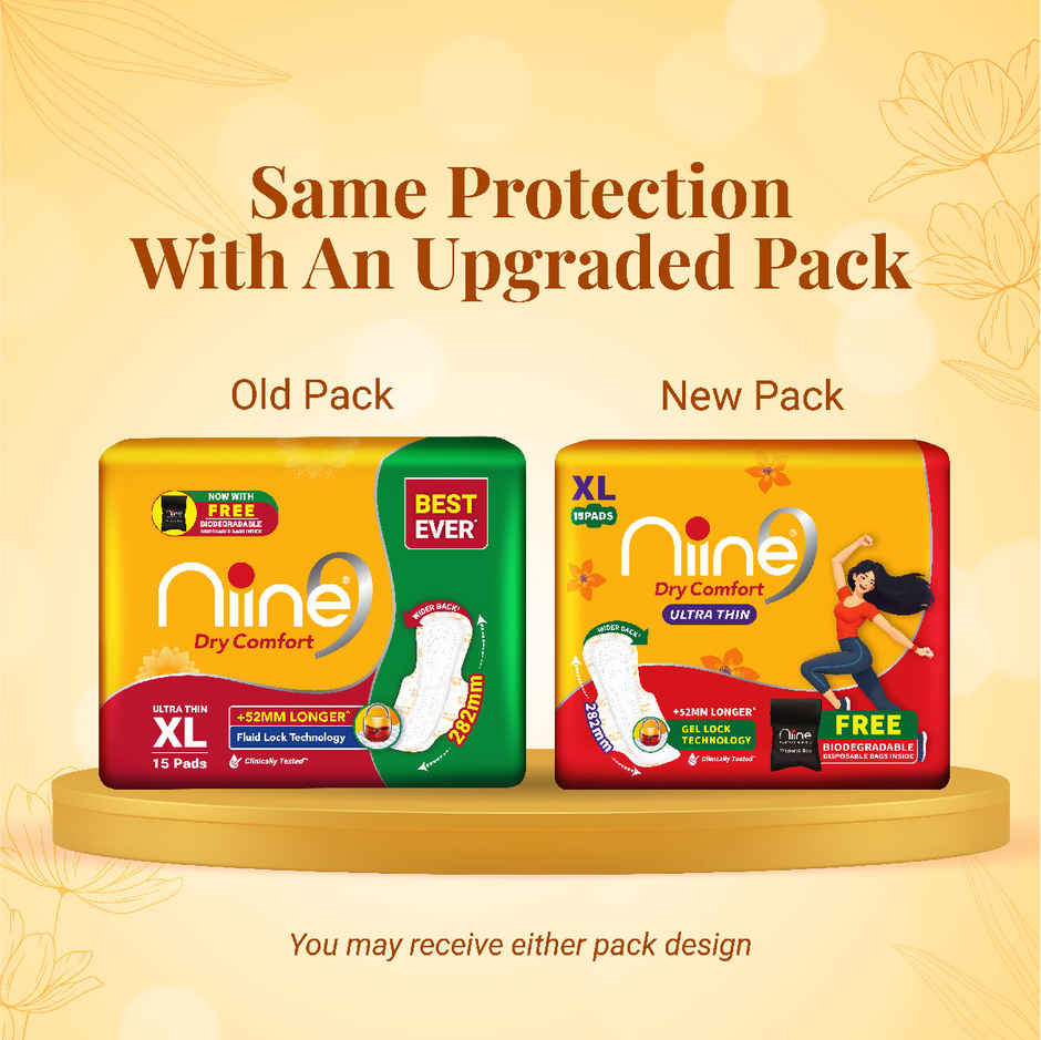 Niine Sanitary Napkins Ultra-Thin XL Dry Comfort | 282 mm | with Biodegradable Bags | 15 Pads