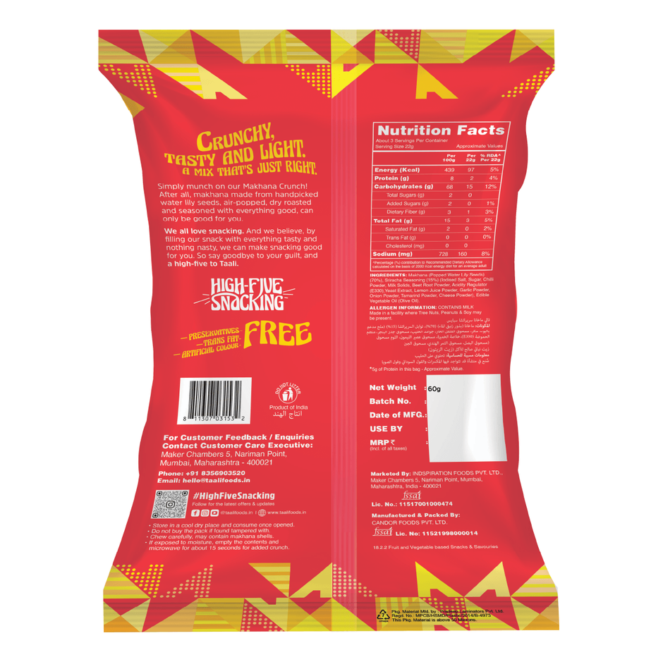 Taali Roasted Makhana - Sriracha Spice Foxnuts, Natural, Rich in Protein