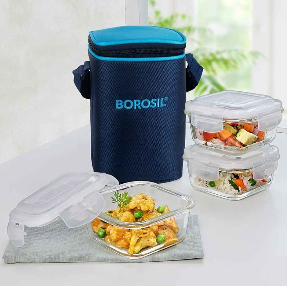 Borosil Alfa Lunchbox | 3 Pcs Glass Set | 320 ml x 3 Square