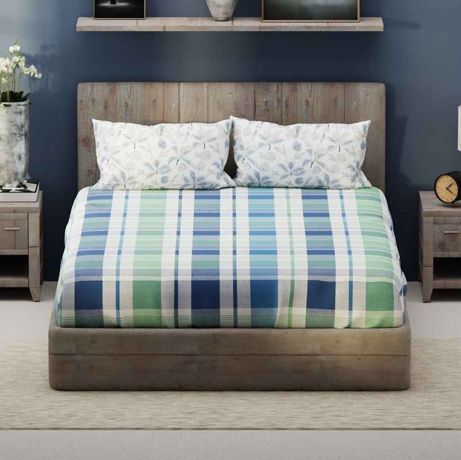 Kopa Bamboo Micro King Bedsheet With 2 Pillow Covers | Set of 3 | Santiago Checks | Mint, Blue