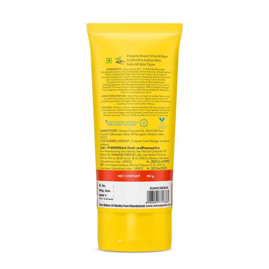 Mamaearth Ultra Light Indian Sunscreen SPF 50 PA++++ With Turmeric & Carrot Seed for Tan Protection