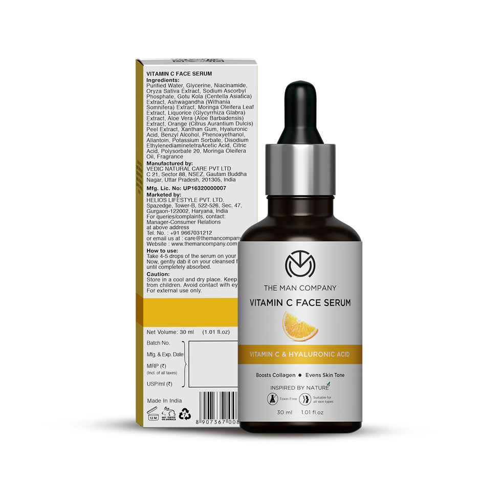 The Man Company Vitamin C Face Serum | With Hyaluronic acid| Evens skin tone & boosts collagen | For all skin types