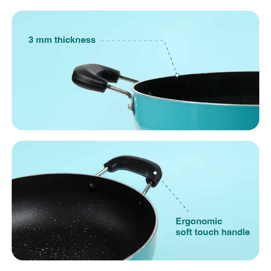 BAY6 Nonstick Induction Bottom Kadai with Glass Lid (3mm) 22 cm - Teal