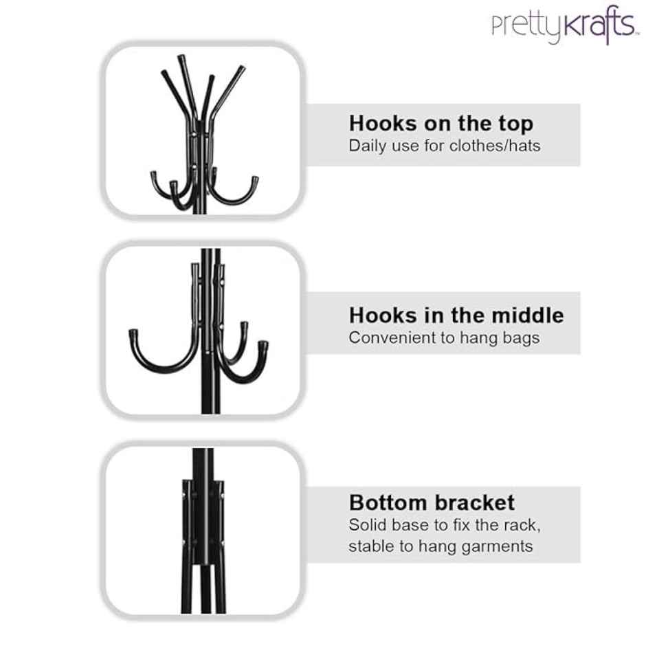 PrettyKrafts Wrought Iron Clothes Stand - 6 Hook Wall Rack for Entryway & Wardrobe | Black
