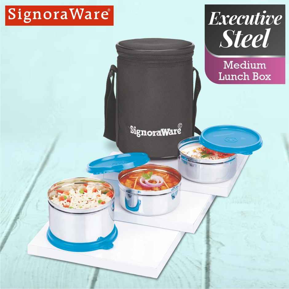 SignoraWare Executive Stainless Steel Lunch Box | set of 3 | |350ml + 350ml + 500ml | Blue